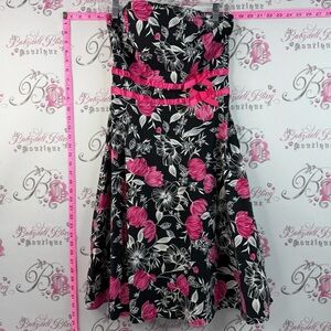 Oasis strapless dress ribbons Black Floral Midi Dress with Pink Flowers